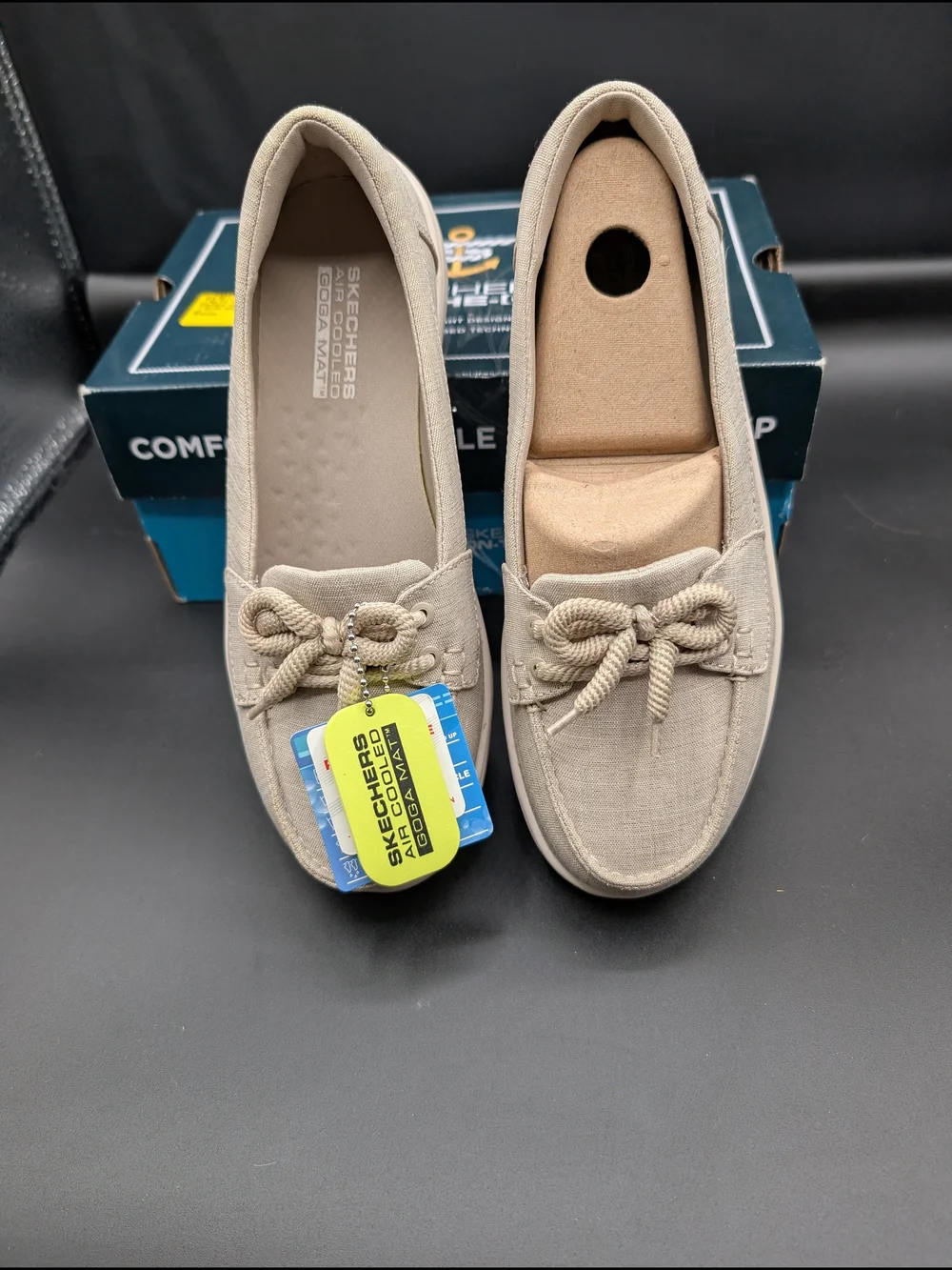 Skechers Women’s Taupe Canvas Slip-On Loafers with Bow Detail